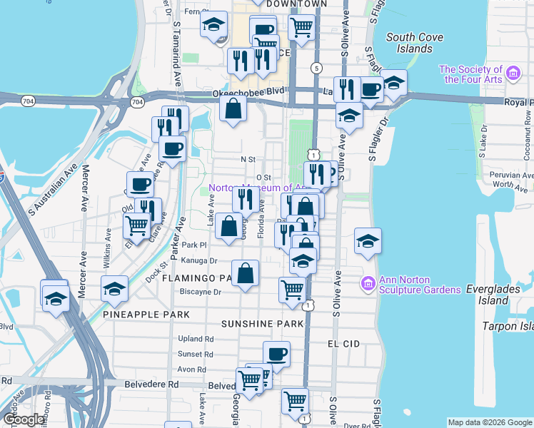 map of restaurants, bars, coffee shops, grocery stores, and more near 1504 Florida Avenue in West Palm Beach