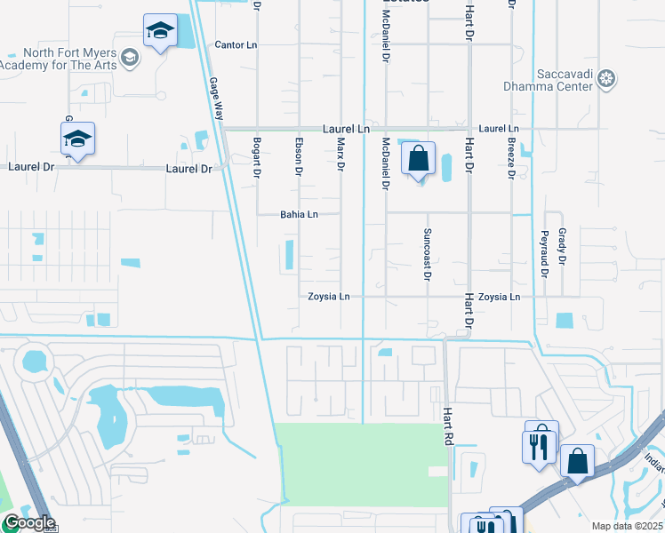 map of restaurants, bars, coffee shops, grocery stores, and more near 7590 Marx Drive in North Fort Myers