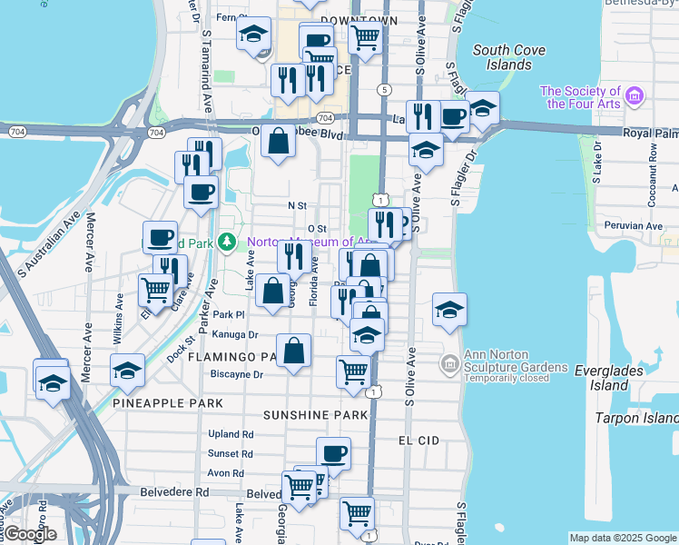map of restaurants, bars, coffee shops, grocery stores, and more near 1504 Florida Avenue in West Palm Beach