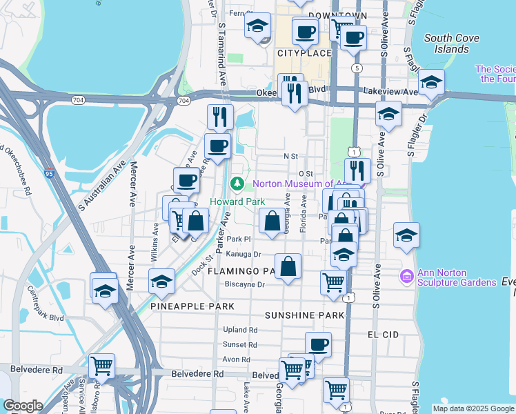 map of restaurants, bars, coffee shops, grocery stores, and more near 734 New York Street in West Palm Beach
