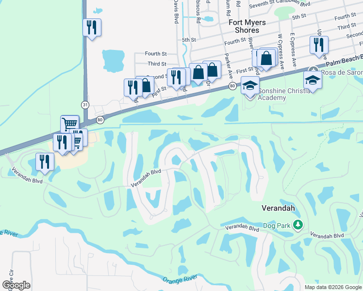 map of restaurants, bars, coffee shops, grocery stores, and more near 3151 Orangetree Bend in Fort Myers
