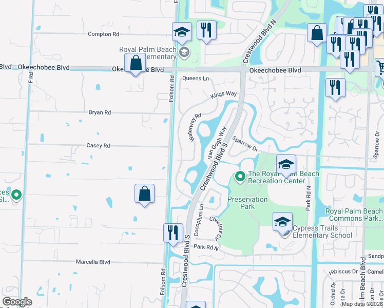 map of restaurants, bars, coffee shops, grocery stores, and more near 101 Picasso Court in Royal Palm Beach