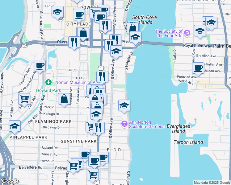 map of restaurants, bars, coffee shops, grocery stores, and more near 222 Arkona Court in West Palm Beach