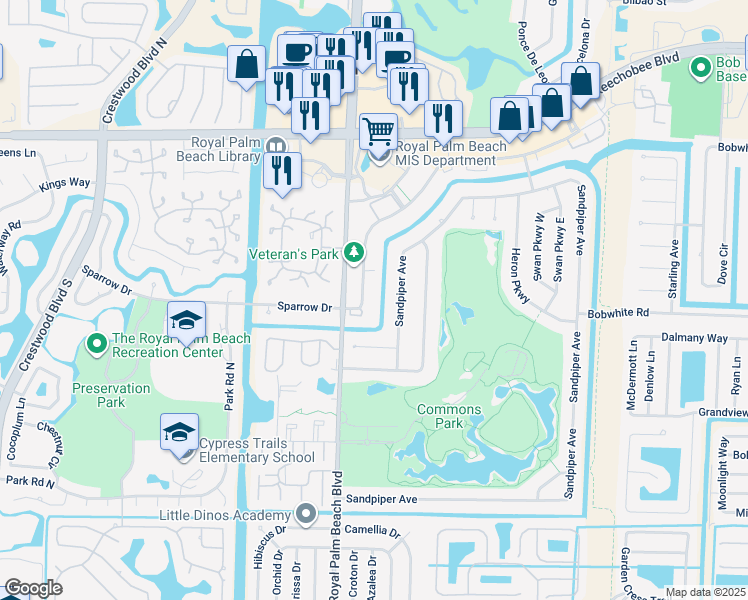 map of restaurants, bars, coffee shops, grocery stores, and more near 357 Sandpiper Avenue in Royal Palm Beach
