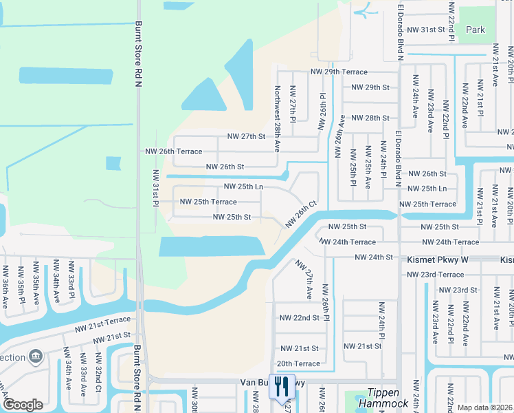 map of restaurants, bars, coffee shops, grocery stores, and more near 2804 Northwest 25th Terrace in Cape Coral