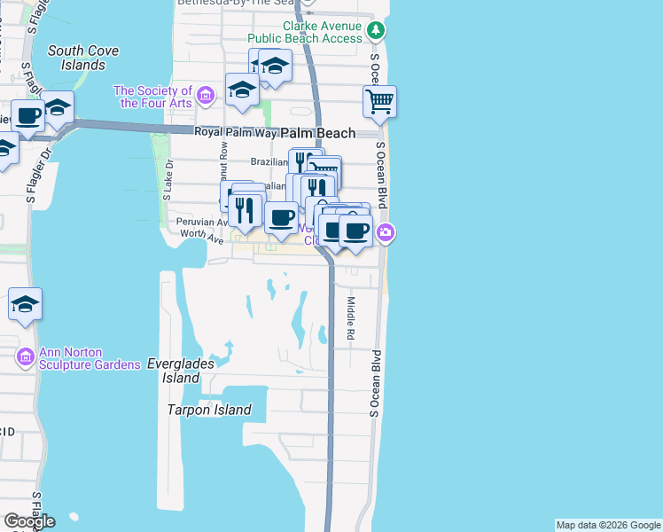 map of restaurants, bars, coffee shops, grocery stores, and more near South County Road in Palm Beach