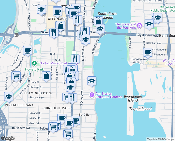 map of restaurants, bars, coffee shops, grocery stores, and more near 222 Arkona Court in West Palm Beach
