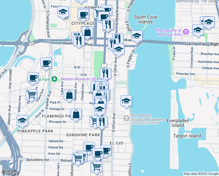 map of restaurants, bars, coffee shops, grocery stores, and more near 325 Cranesnest Way in West Palm Beach
