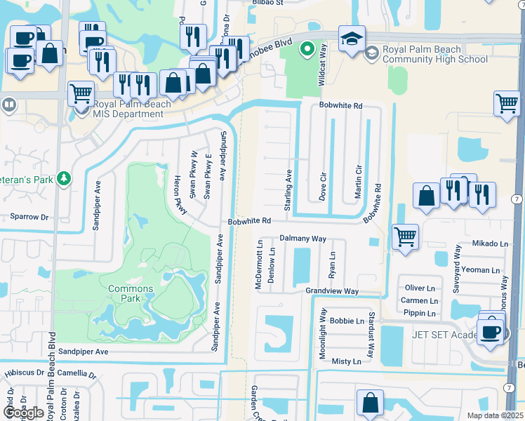 map of restaurants, bars, coffee shops, grocery stores, and more near 125 Jay Court in Royal Palm Beach