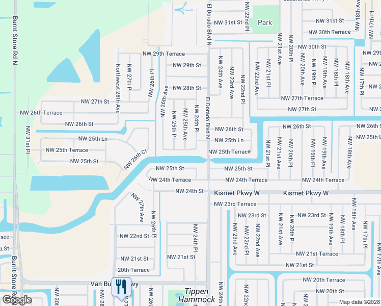 map of restaurants, bars, coffee shops, grocery stores, and more near 2408 Northwest 25th Terrace in Cape Coral