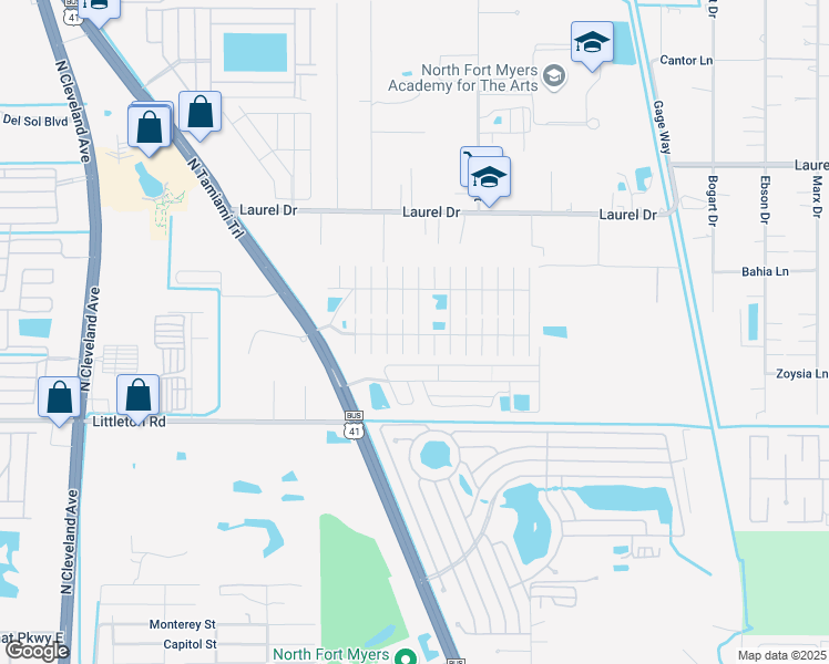 map of restaurants, bars, coffee shops, grocery stores, and more near 67 Homefolks Street in North Fort Myers