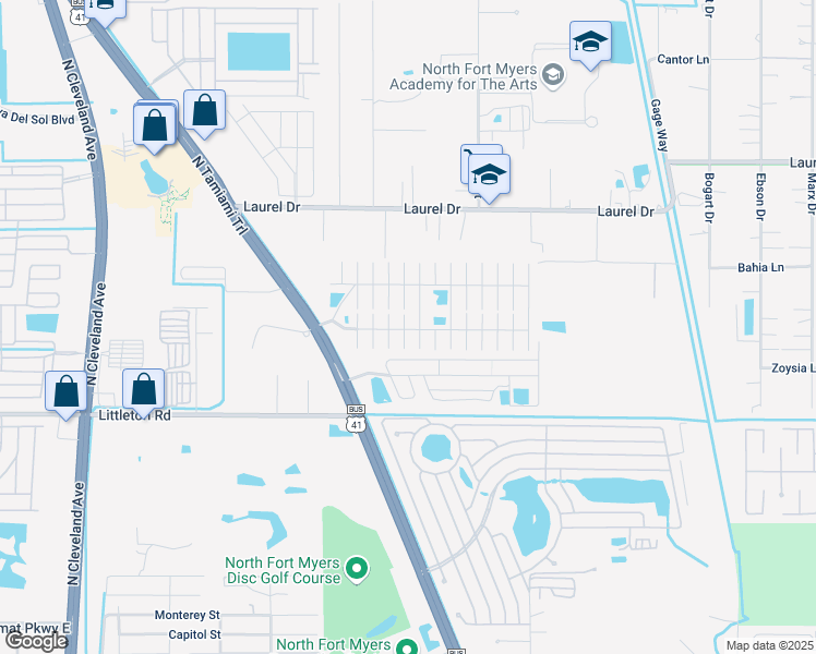 map of restaurants, bars, coffee shops, grocery stores, and more near 67 Homefolks Street in North Fort Myers