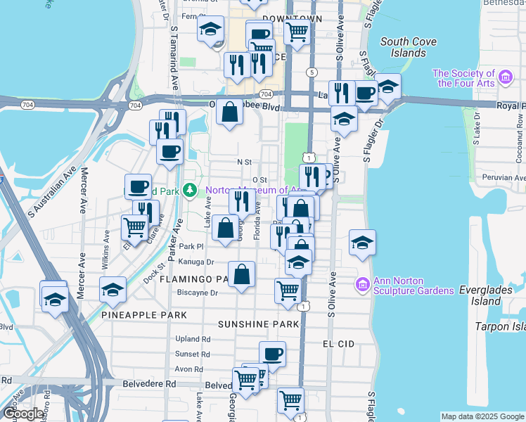 map of restaurants, bars, coffee shops, grocery stores, and more near 1504 Florida Avenue in West Palm Beach