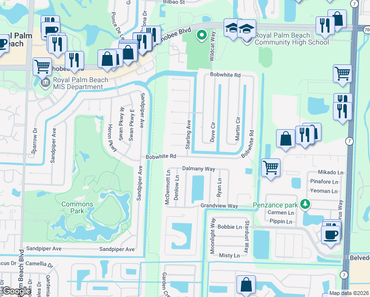 map of restaurants, bars, coffee shops, grocery stores, and more near 115 Jay Court in Royal Palm Beach