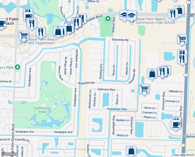 map of restaurants, bars, coffee shops, grocery stores, and more near 117 Jay Court in Royal Palm Beach
