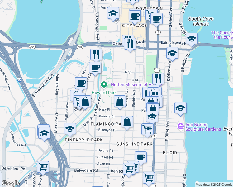 map of restaurants, bars, coffee shops, grocery stores, and more near 734 New York Street in West Palm Beach