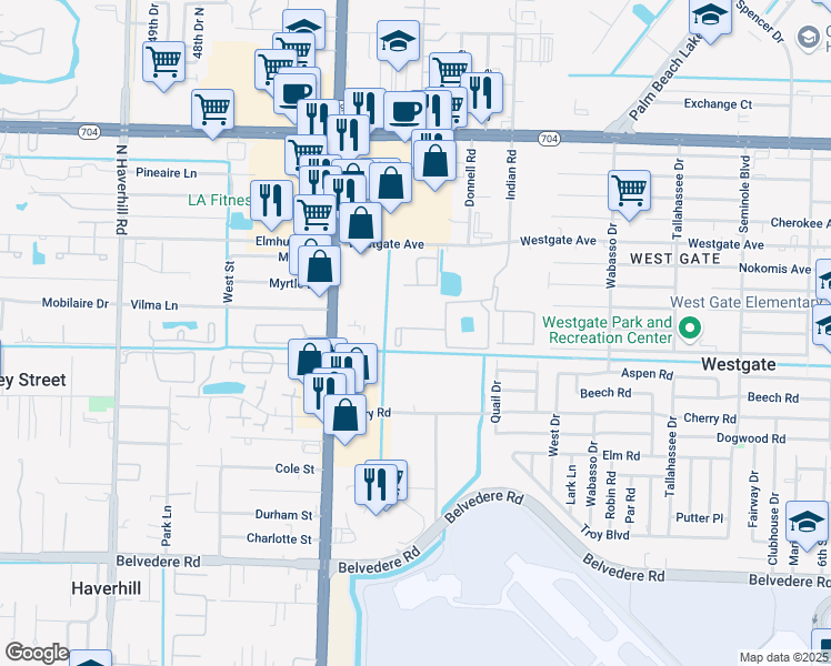 map of restaurants, bars, coffee shops, grocery stores, and more near 1599 Quail Lake Drive in West Palm Beach