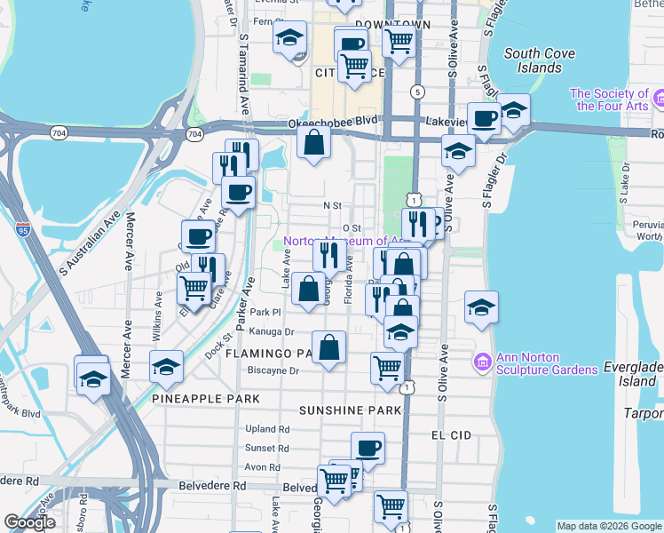 map of restaurants, bars, coffee shops, grocery stores, and more near 1506 Georgia Avenue in West Palm Beach