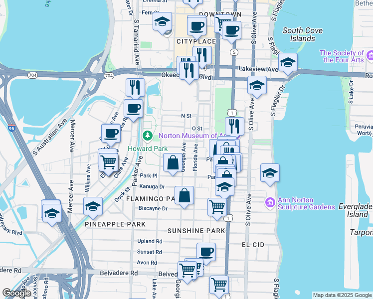 map of restaurants, bars, coffee shops, grocery stores, and more near 1506 Georgia Avenue in West Palm Beach