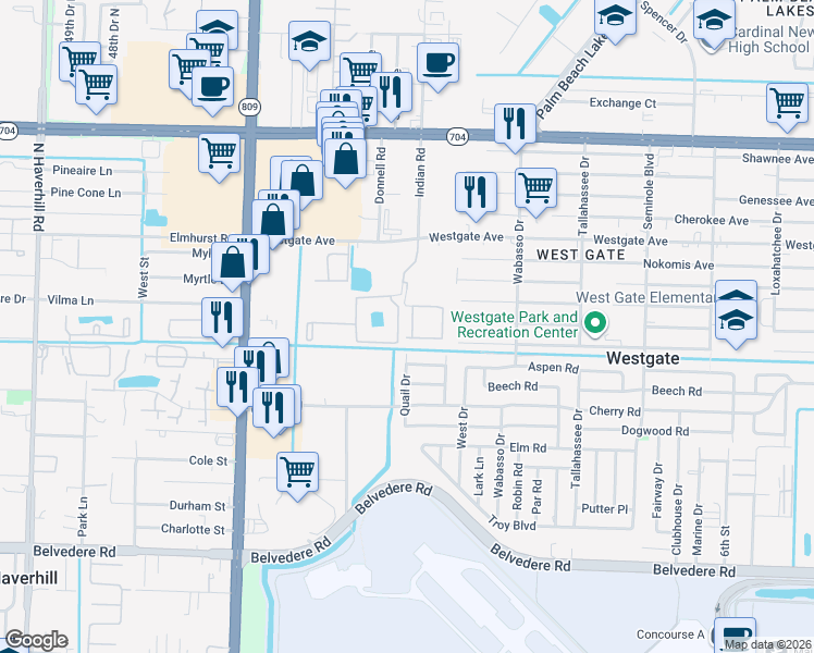 map of restaurants, bars, coffee shops, grocery stores, and more near 1518 Quail Drive in West Palm Beach