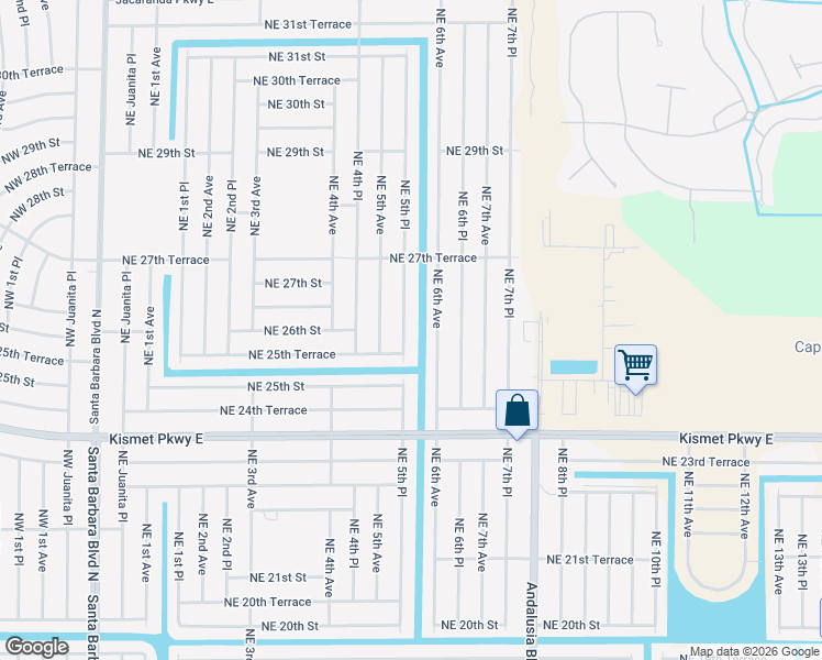 map of restaurants, bars, coffee shops, grocery stores, and more near 2531 Northeast 5th Place in Cape Coral
