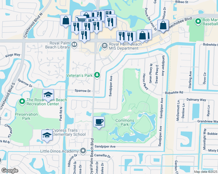 map of restaurants, bars, coffee shops, grocery stores, and more near 357 Sandpiper Avenue in Royal Palm Beach