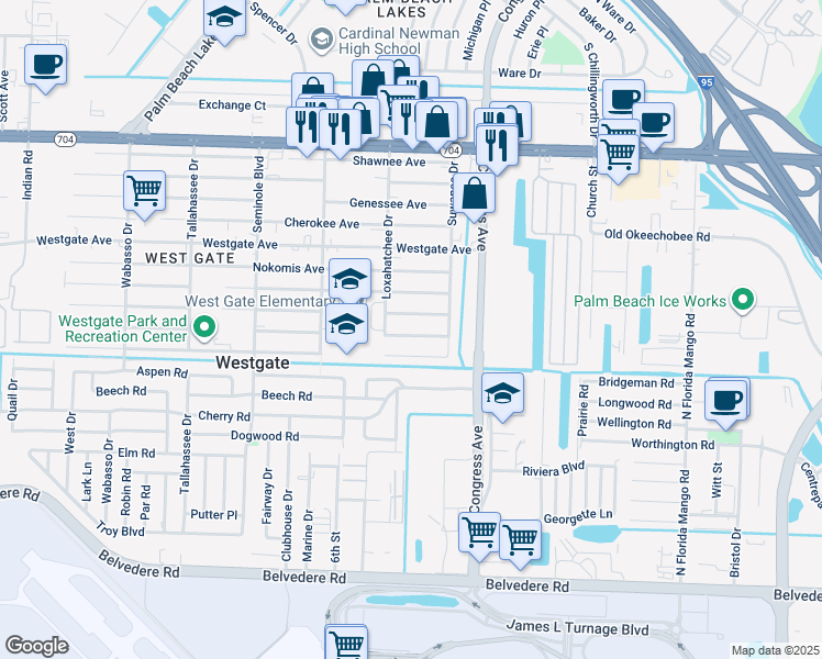 map of restaurants, bars, coffee shops, grocery stores, and more near 2441 Saranac Avenue in West Palm Beach