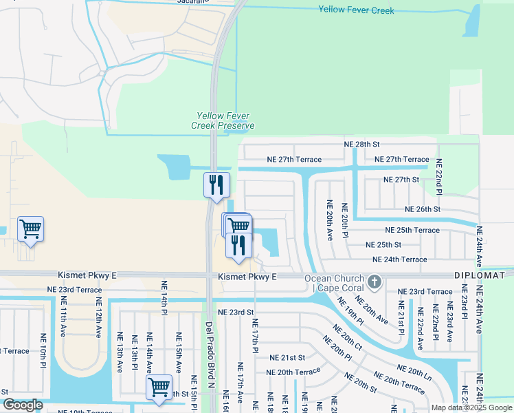 map of restaurants, bars, coffee shops, grocery stores, and more near 1709 Northeast 26th Street in Cape Coral
