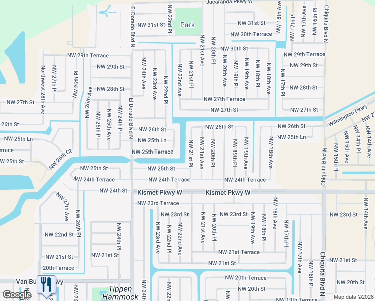 map of restaurants, bars, coffee shops, grocery stores, and more near 2524 Northwest 21st Place in Cape Coral