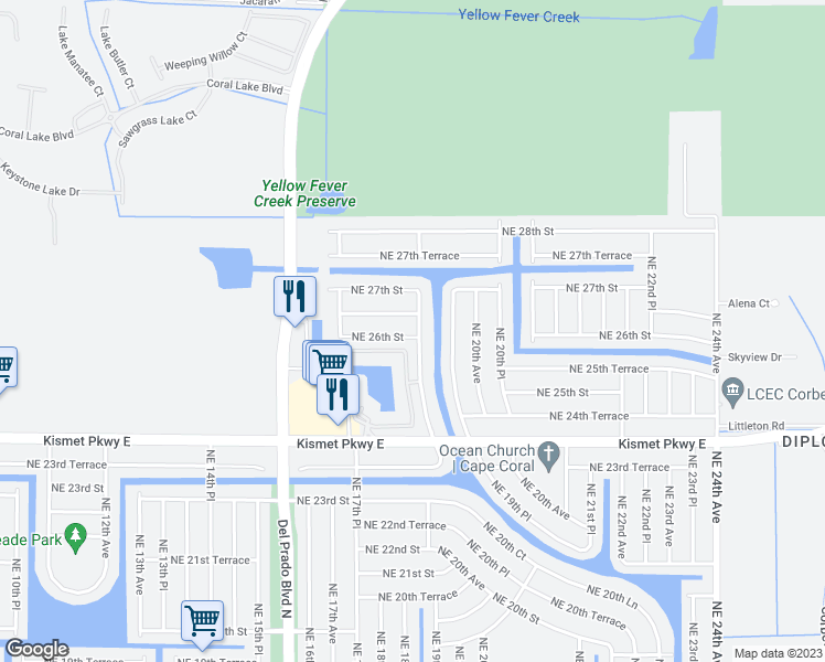 map of restaurants, bars, coffee shops, grocery stores, and more near 1819 Northeast 26th Street in Cape Coral