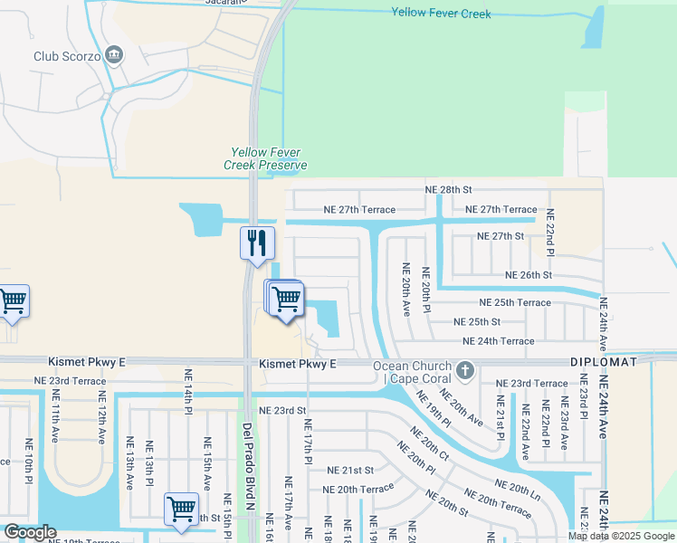 map of restaurants, bars, coffee shops, grocery stores, and more near 1807 Northeast 26th Street in Cape Coral
