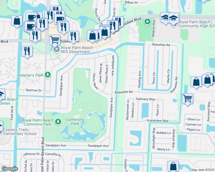 map of restaurants, bars, coffee shops, grocery stores, and more near 104 Swan Parkway East in Royal Palm Beach