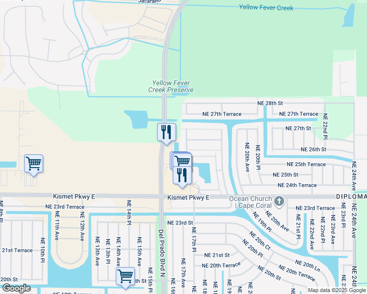 map of restaurants, bars, coffee shops, grocery stores, and more near 2606 Northeast 17th Avenue in Cape Coral