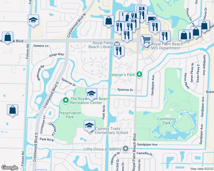 map of restaurants, bars, coffee shops, grocery stores, and more near 102 New Kent Court in Royal Palm Beach