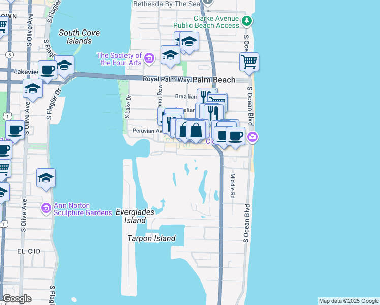map of restaurants, bars, coffee shops, grocery stores, and more near 12 Golfview Road in Palm Beach