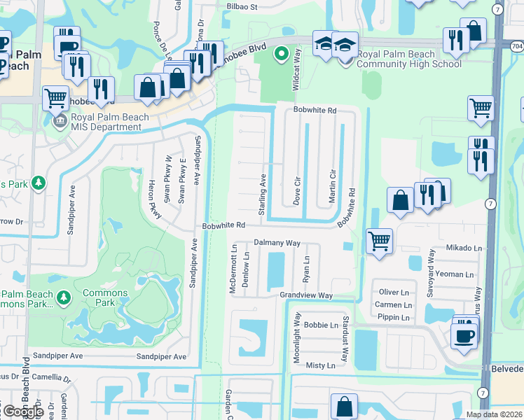 map of restaurants, bars, coffee shops, grocery stores, and more near 115 Jay Court in Royal Palm Beach