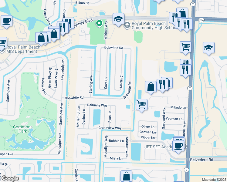 map of restaurants, bars, coffee shops, grocery stores, and more near 154 Martin Circle in Royal Palm Beach