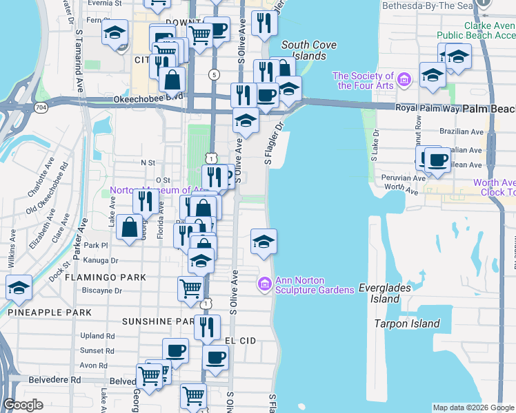 map of restaurants, bars, coffee shops, grocery stores, and more near 1501 South Flagler Drive in West Palm Beach