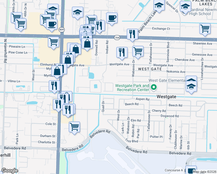 map of restaurants, bars, coffee shops, grocery stores, and more near 1518 Quail Drive in West Palm Beach