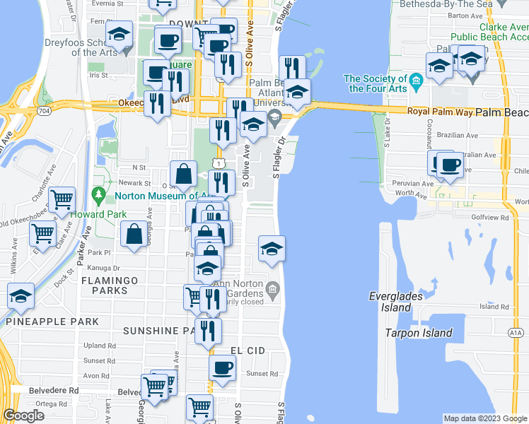 map of restaurants, bars, coffee shops, grocery stores, and more near 1501 South Flagler Drive in West Palm Beach