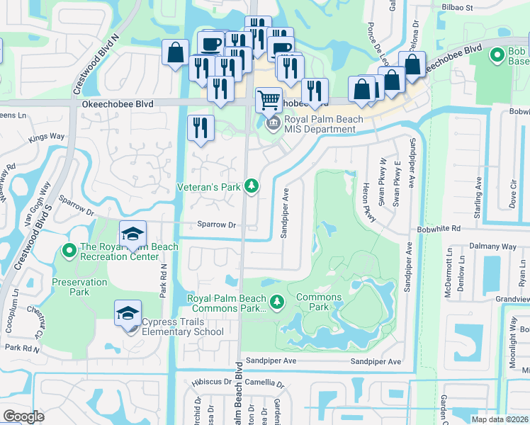 map of restaurants, bars, coffee shops, grocery stores, and more near 99 Sparrow Drive in Royal Palm Beach