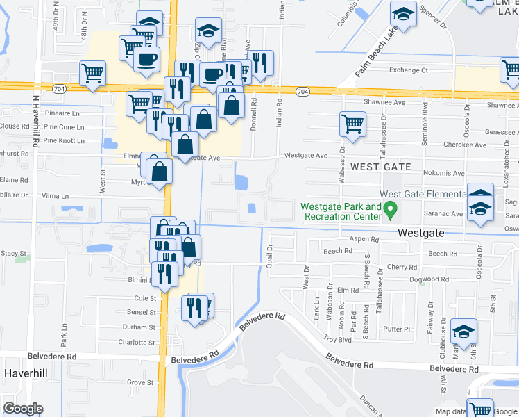 map of restaurants, bars, coffee shops, grocery stores, and more near 1593 Quail Drive in West Palm Beach