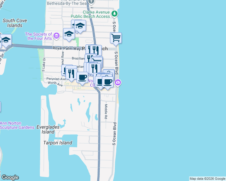 map of restaurants, bars, coffee shops, grocery stores, and more near 100 Worth Avenue in Palm Beach