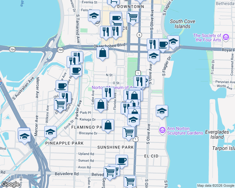 map of restaurants, bars, coffee shops, grocery stores, and more near 1504 Florida Avenue in West Palm Beach