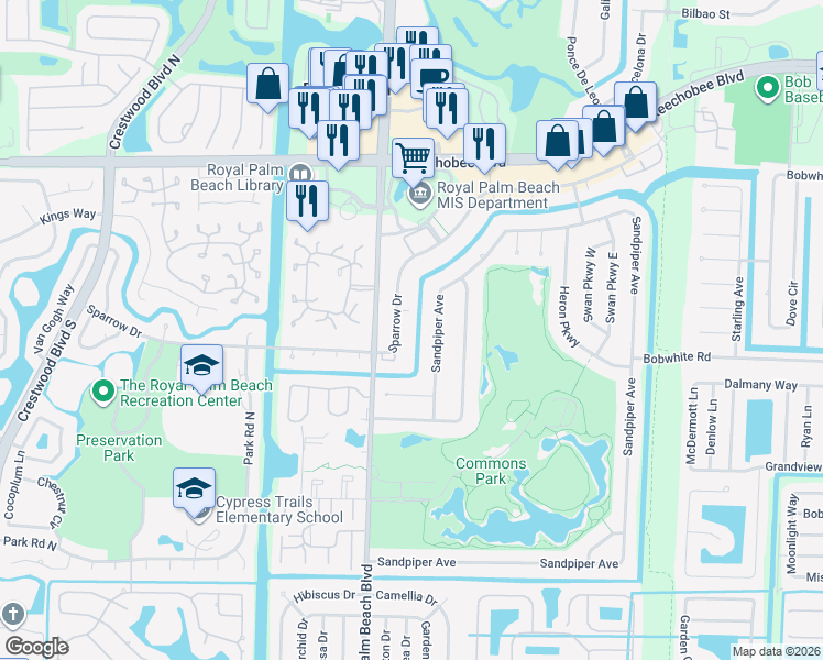 map of restaurants, bars, coffee shops, grocery stores, and more near 120 Sparrow Drive in Royal Palm Beach