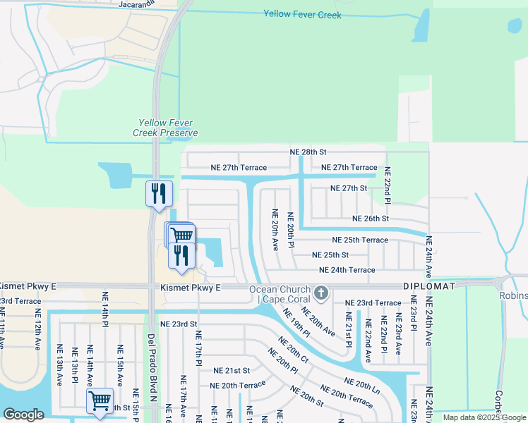 map of restaurants, bars, coffee shops, grocery stores, and more near 2607 Northeast 19th Place in Cape Coral