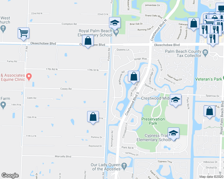 map of restaurants, bars, coffee shops, grocery stores, and more near 158 Kings Way in Royal Palm Beach