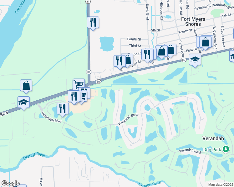 map of restaurants, bars, coffee shops, grocery stores, and more near 3020 Meandering Way in Fort Myers
