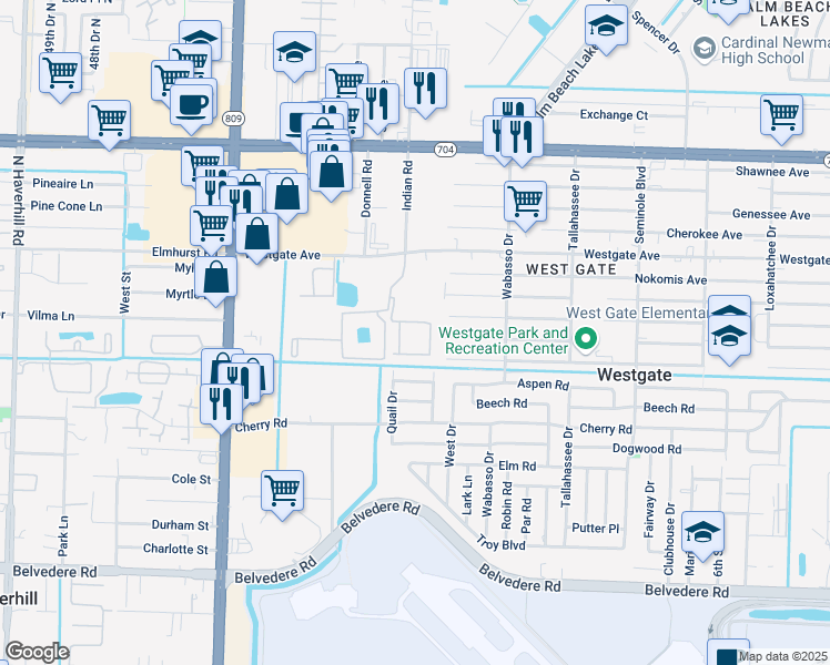 map of restaurants, bars, coffee shops, grocery stores, and more near 1598 Quail Drive in West Palm Beach