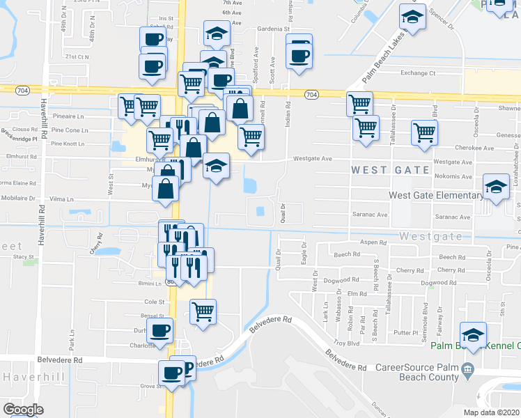 map of restaurants, bars, coffee shops, grocery stores, and more near 1593 Quail Drive in West Palm Beach